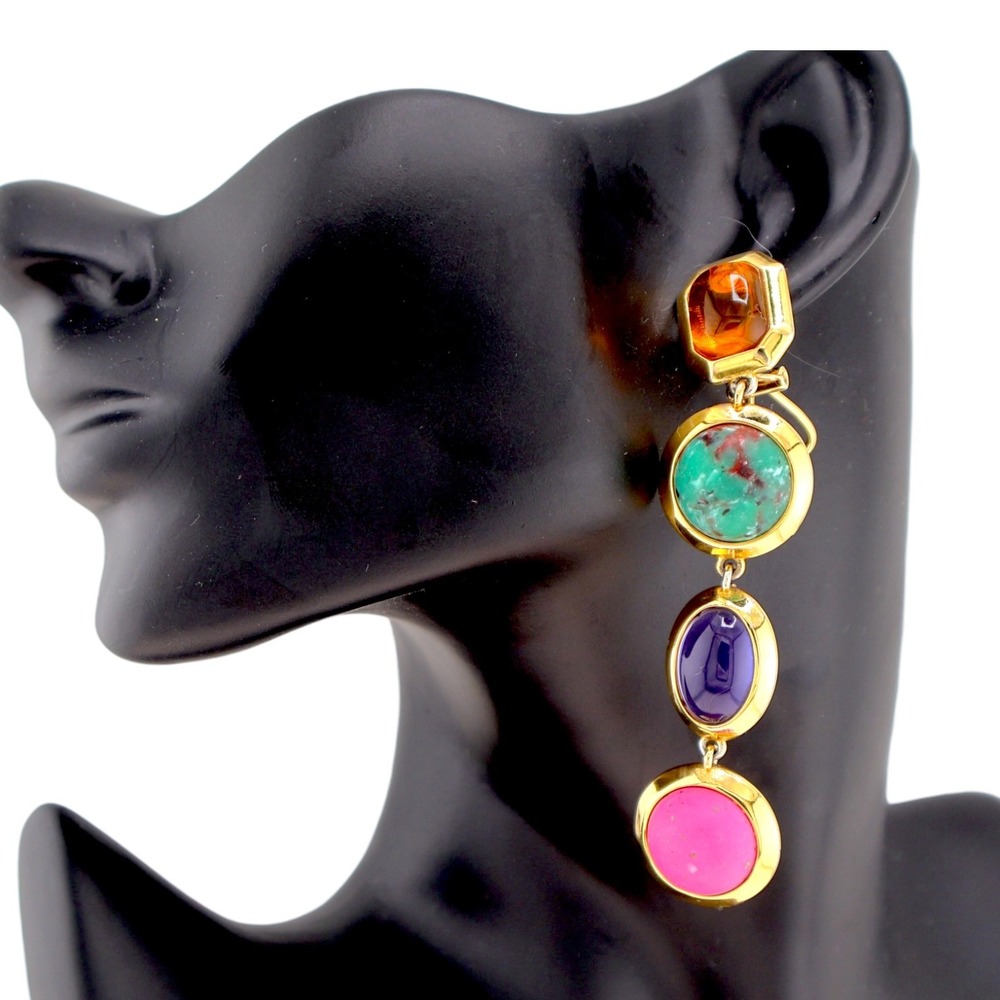 Lizzie Fortunato Multi Cabochon Tiered Drop Earrings Gold Statement